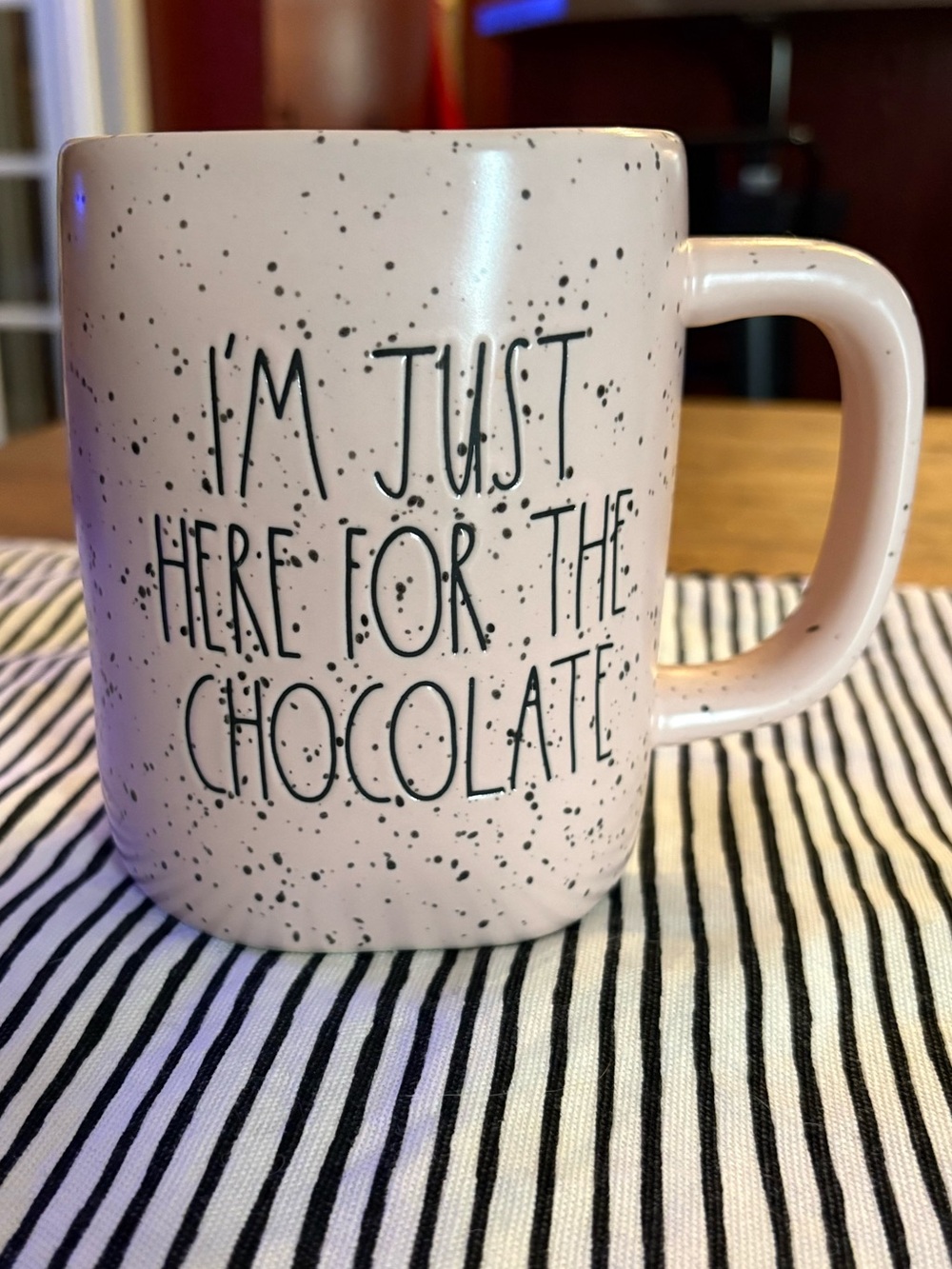 Mugs BOGO 50% // RAE DUNN Pink Speckled “I’m Just Here For The Chocolate” Mug
